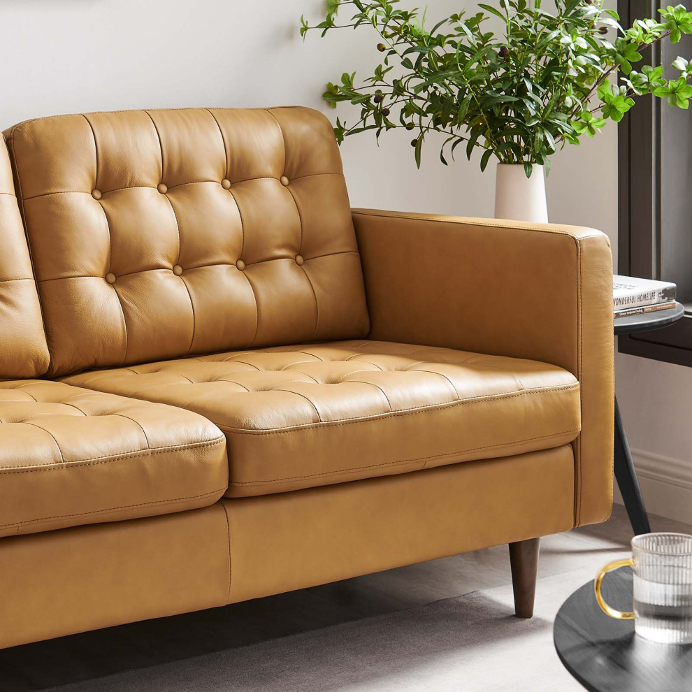 Exalt Tufted Vegan Leather Loveseat  Tan   Midcentury   Loveseats   by VirVentures  Houzz