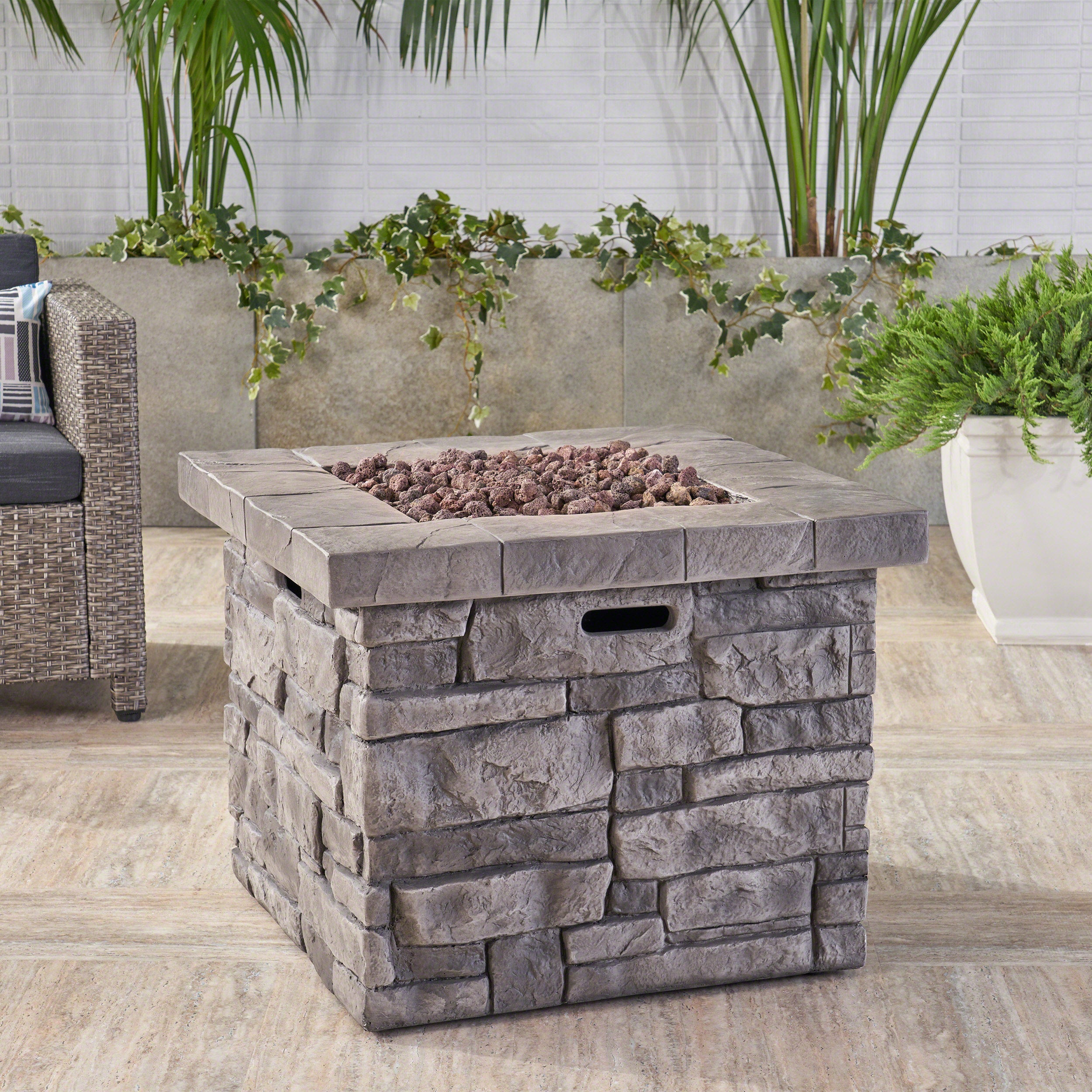 Angeleno Outdoor Square Gray Lightweight Concrete Fire Pit with Stone Finish