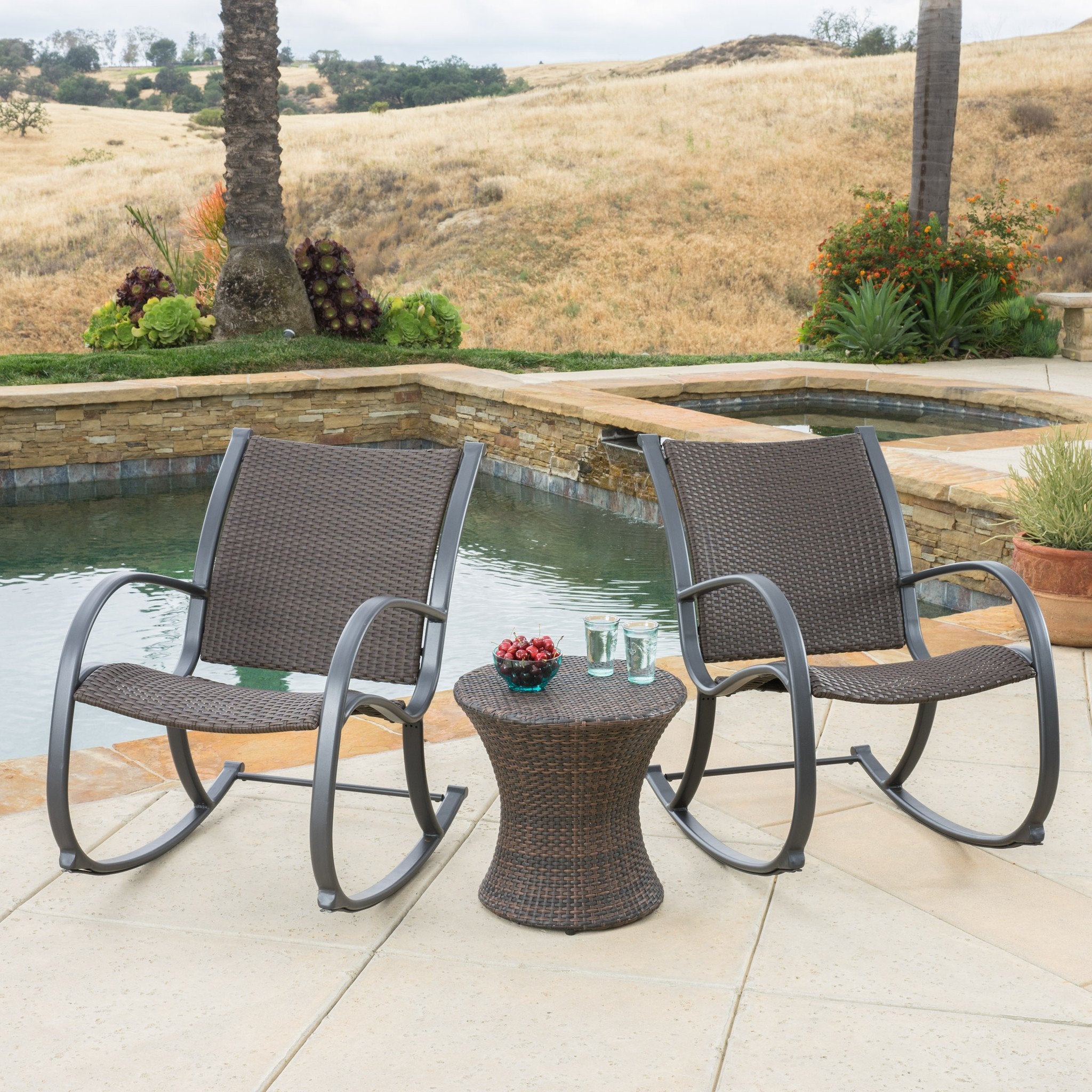 Leann Outdoor 3pc Dark Brown Wicker Rocking Chair Chat Set (Hourglass Table)