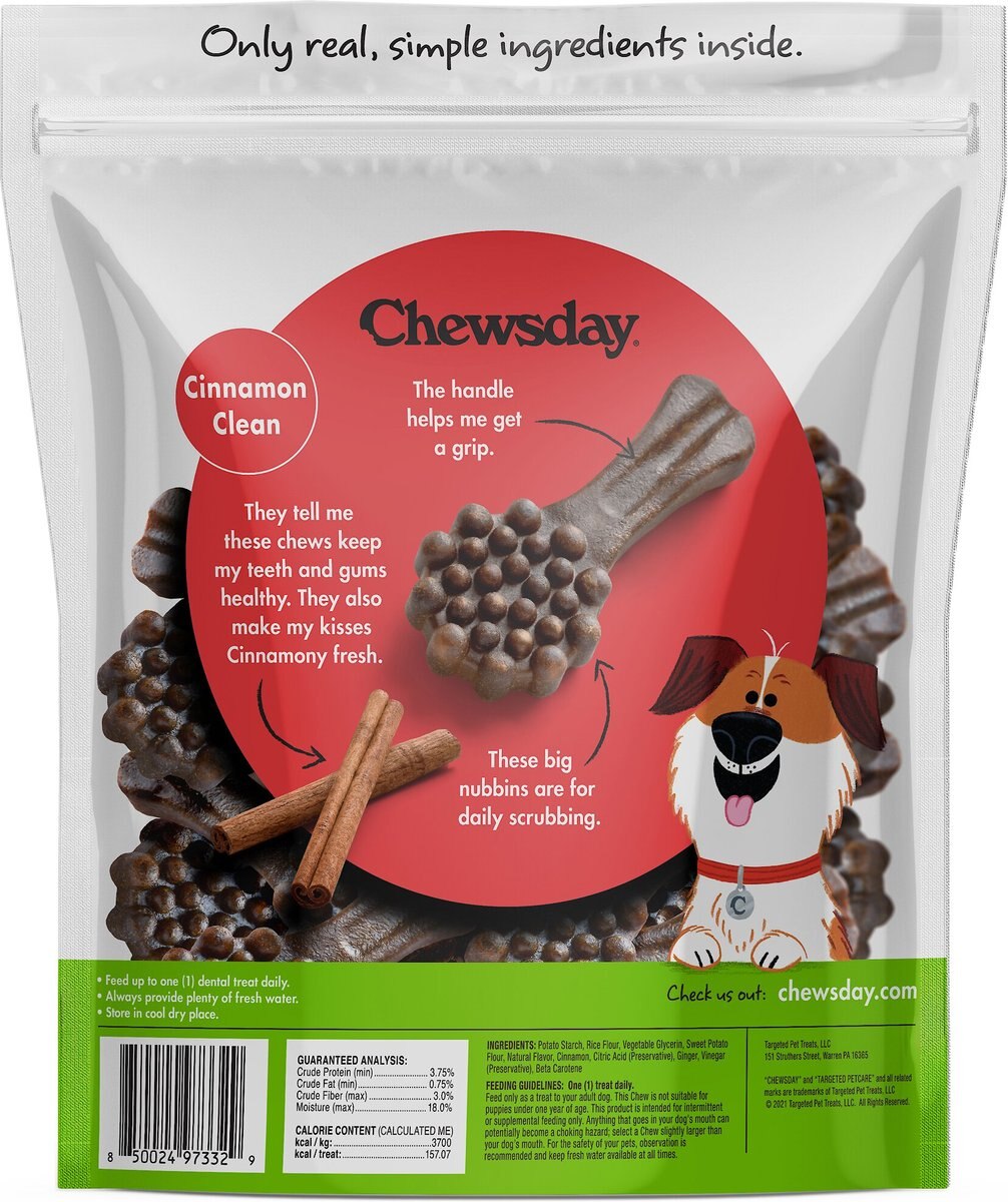 Chewsday Cinnamon Clean Daily Dental Dog Dental Treats， 28 count， Large