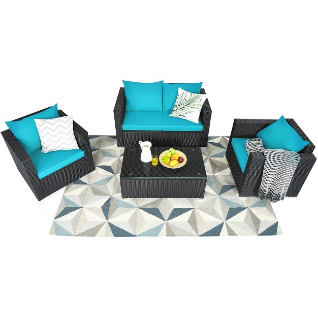 Tangkula 4pcs Rattan Patio Conversation Set Outdoor Furniture Set W Navy amp Turquoise Cushions