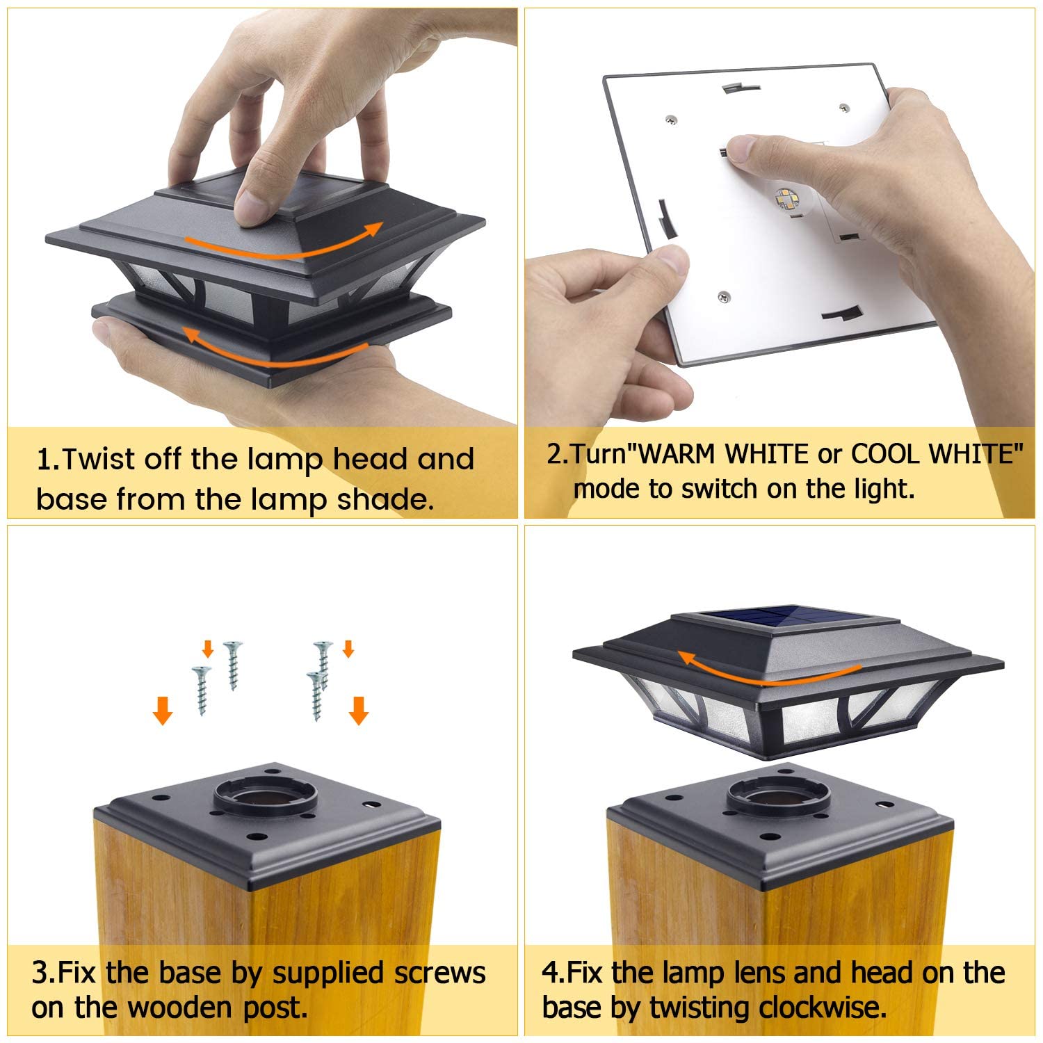 Siedinlar Solar Post Lights Outdoor 2 Modes LED Deck Fence Cap Light for 4x4 5x5 6x6 Posts Patio Garden Decoration Warm White/Cool White Lighting Black (2 Pack)