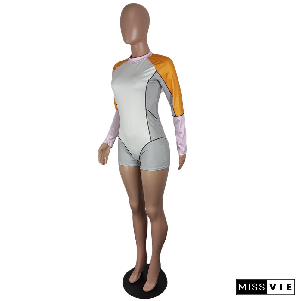 Autumn Color Block Patchwork O-Neck Long Sleeve Stretch Bodycon Sportswear Fitness Rompers