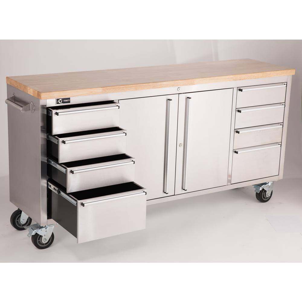 Trinity 6 ft. 8-Drawer Stainless-Steel Corner Rolling Mobile Workbench with Storage TLS-7204