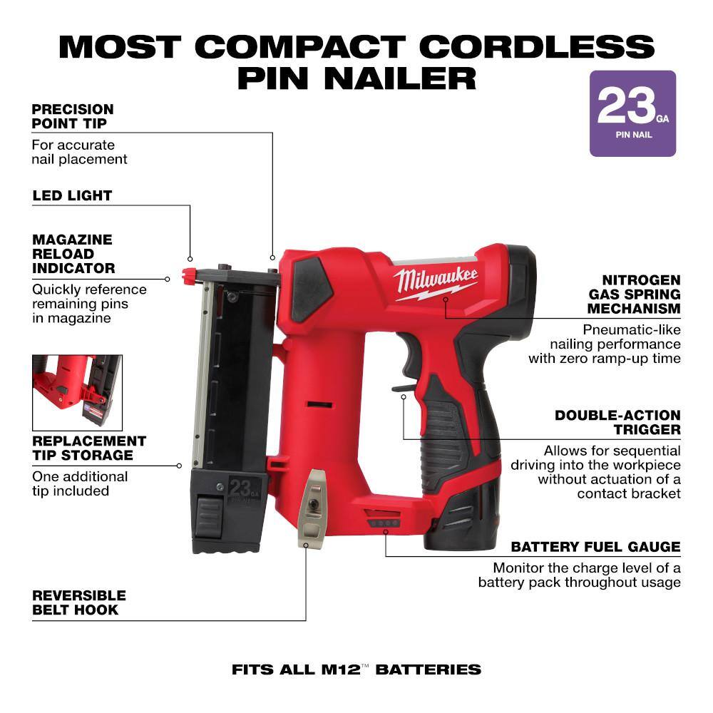 MW M12 12-Volt 23-Gauge Lithium-Ion Cordless Pin Nailer Kit with M12 FUEL Lithium-Ion Cordless Oscillating Multi-Tool 2540-21-2526-20