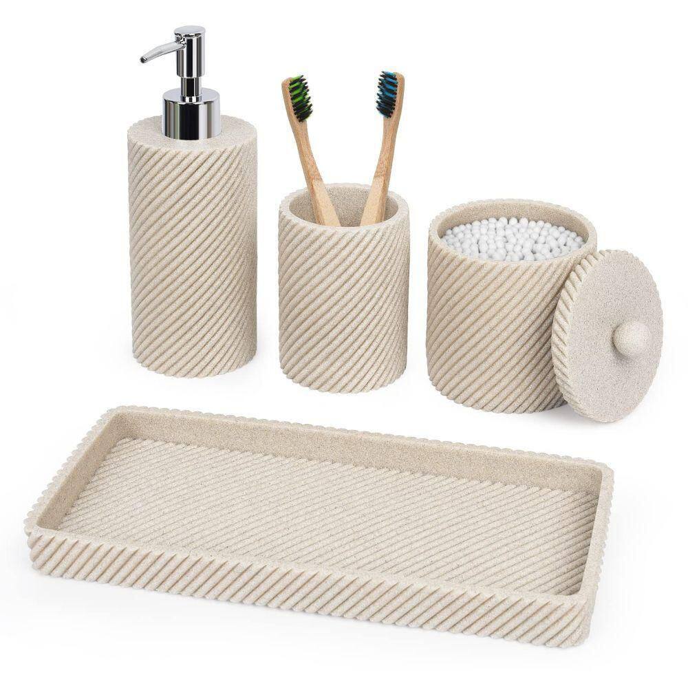 Dracelo 4-Piece Bathroom Accessory Set with Toothbrush Holder Vanity Tray Soap Dispenser Qtip Holder in Beige B0B2VB82CN