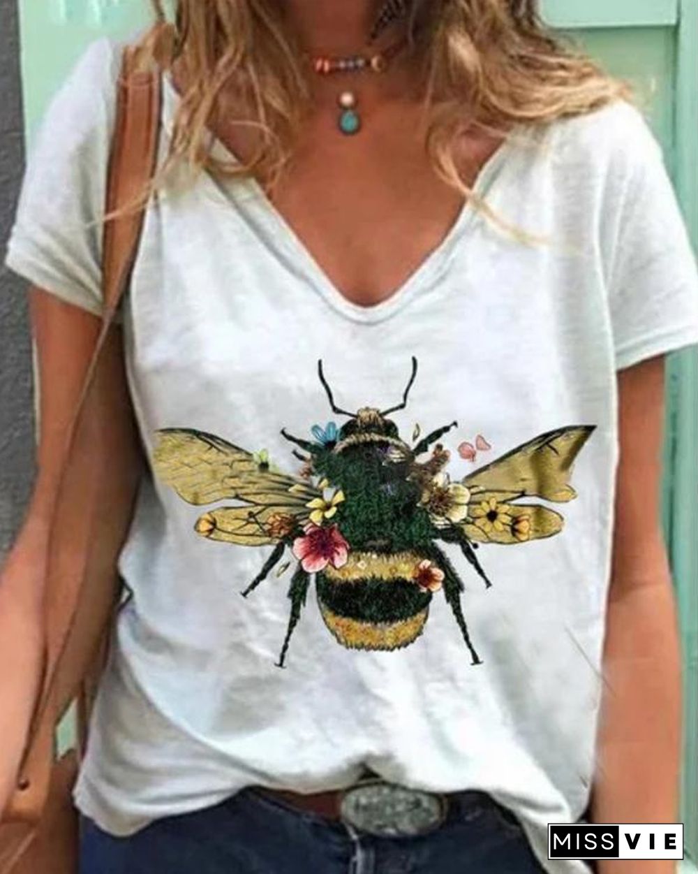 Vintage Casual Plus Size Bee Printed Shirts Tops