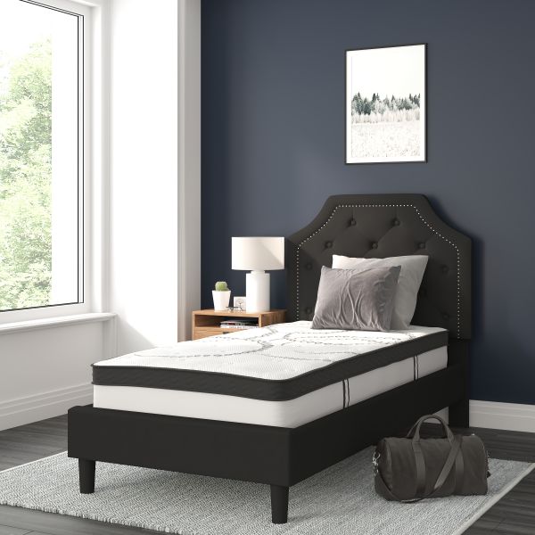 Brighton Twin Size Tufted Upholstered Platform Bed in Black Fabric with 10 Inch CertiPUR-US Certified Pocket Spring Mattress