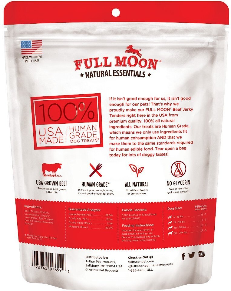 Full Moon Natural Essentials Jerky Tenders Beef Recipe Human-Grade Dog Treats， 24-oz bag