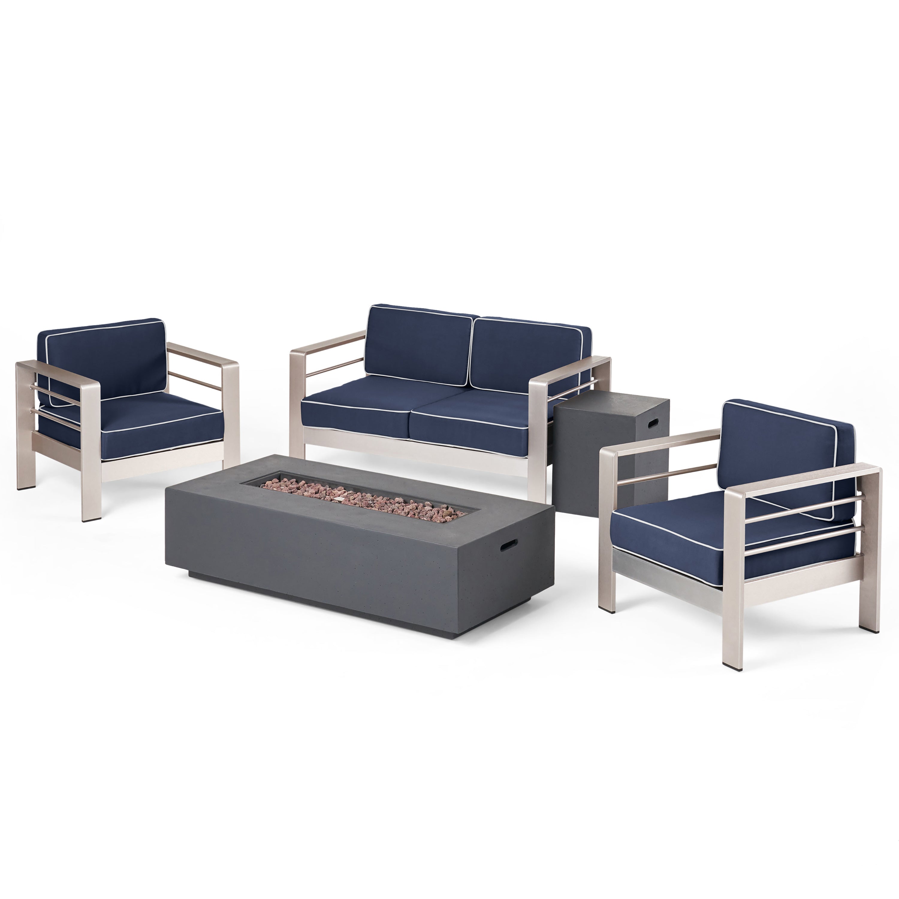 Coral Bay Outdoor 5 Piece Aluminum Chat Set with Sunbrella Cushions and Fire Pit