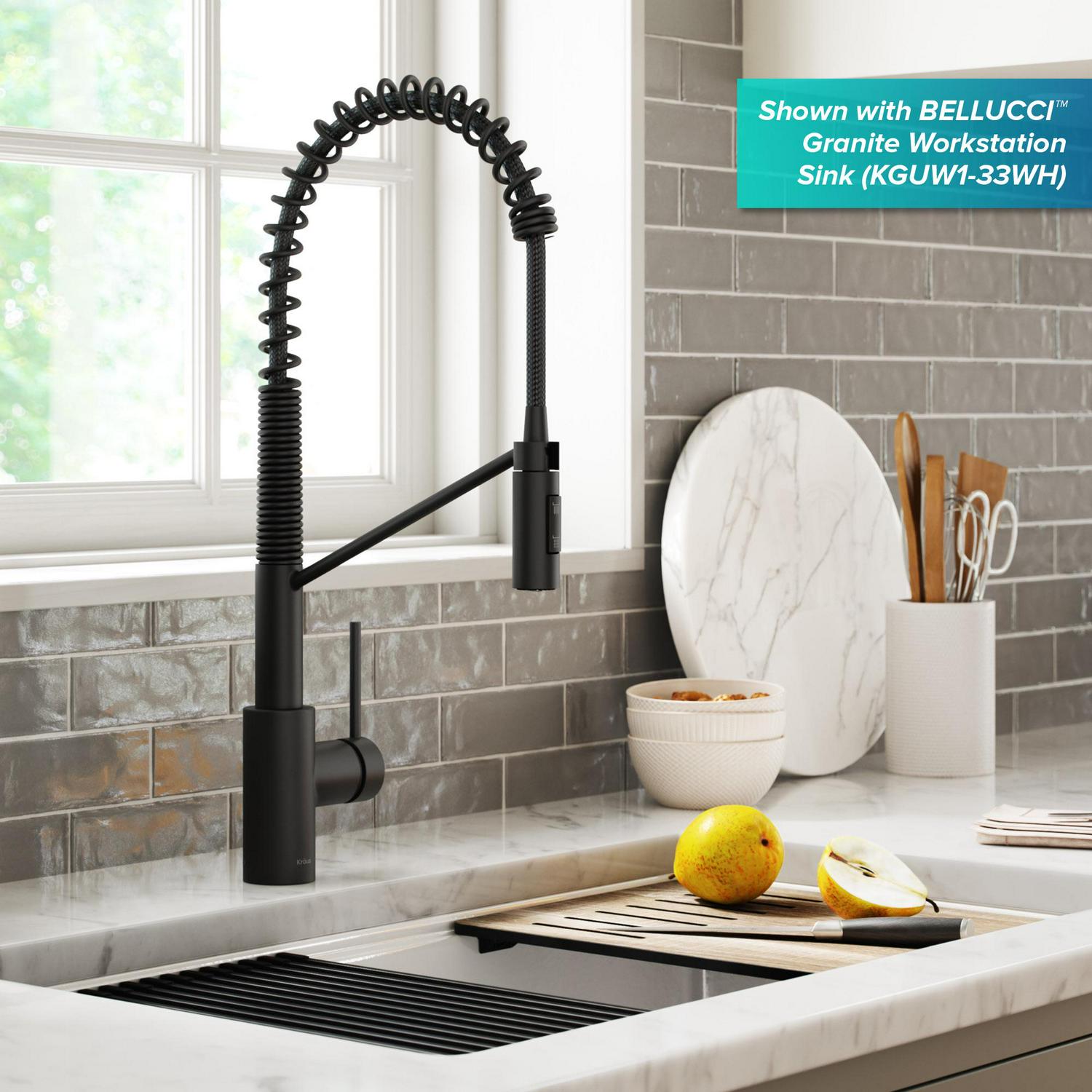 Kraus Oletto Commercial Style Pull-Down Single Handle Kitchen Faucet with QuickDock Top Mount Installation Assembly in Matte Black