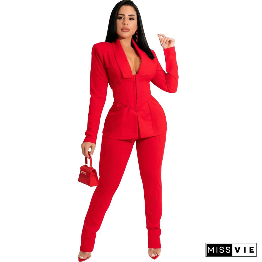 Solid Blazers with Girdle Corset and Pants Suit