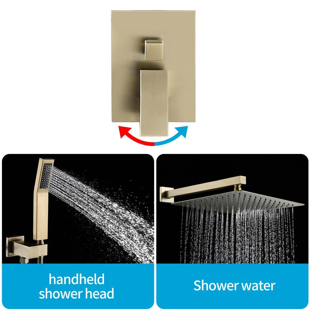 Heemli 10 in. Rainfall Single Handle 1-Spray Square Shower System 1.8 GPM with Pressure Balance in Gold Valve Included KH10G