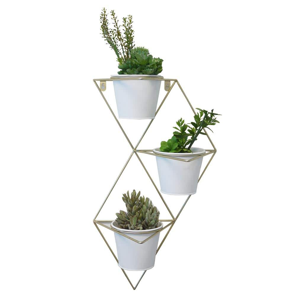 ADMIRED BY NATURE Large， White/Brass Geometric Metal Hanging Planter ABN5E132-GD