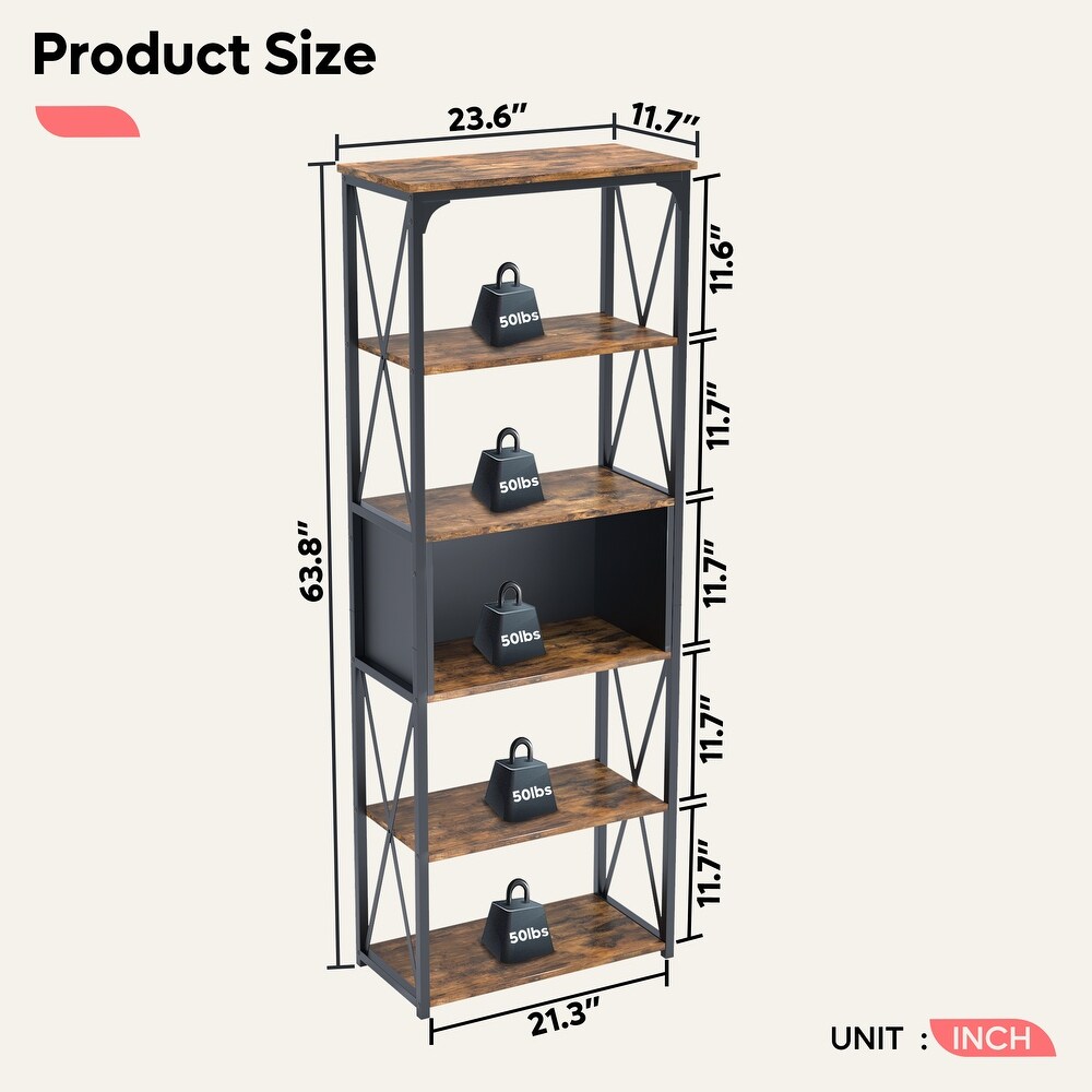 Industrial 5 Tier Bookcase Storage Organizer Free Standing Bookshelf   63 x 23 inches