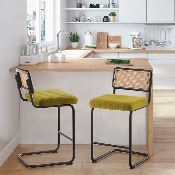 Modern Velvet Upholstered Bar/Counter Stools with Rattan Backrest