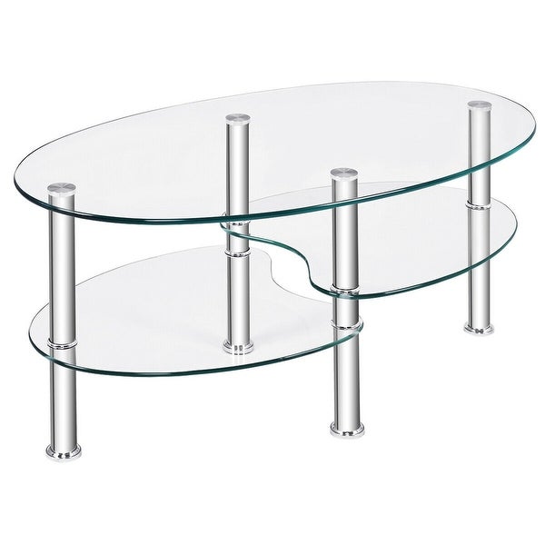 Costway Tempered Glass Oval Side Coffee Table Shelf Chrome Base Living