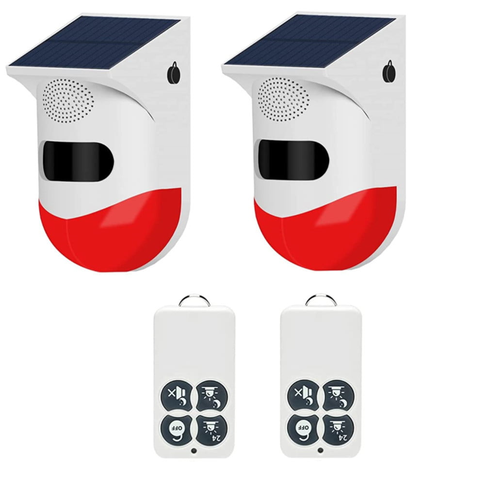 Paddsun 2 PACK Solar Strobe Alarm Light with Motion Sensor Siren Outdoor and IP67 Waterproof Remote Controller 120db Sound Security Siren Light