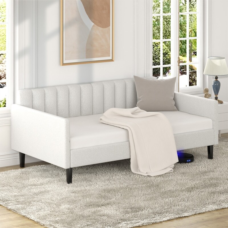 Elena Lavish Modern Twin Boucle Upholstered Daybed with Ribbed Tufted Backrest