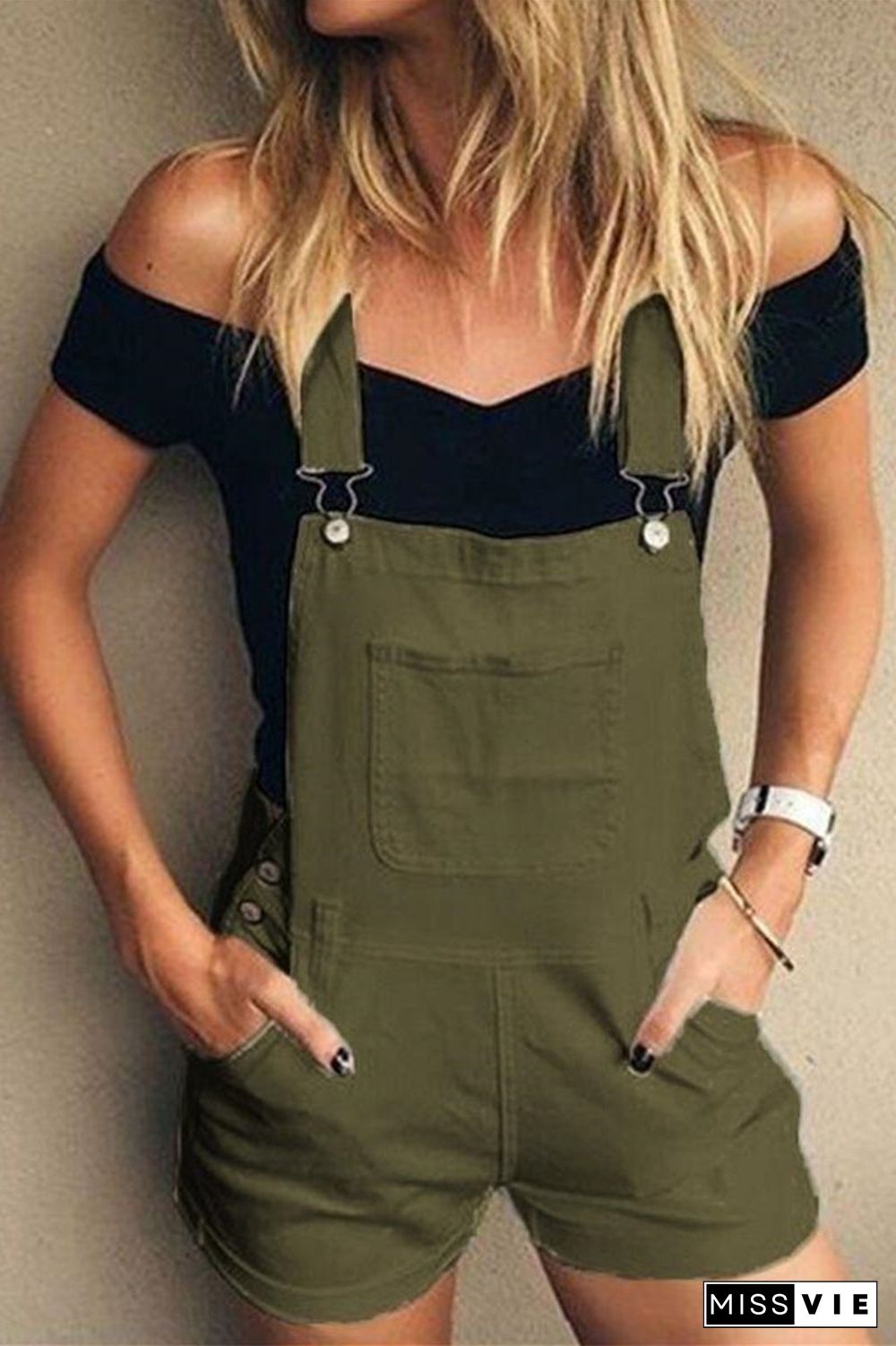 Solid Color Denim Pocket Romper