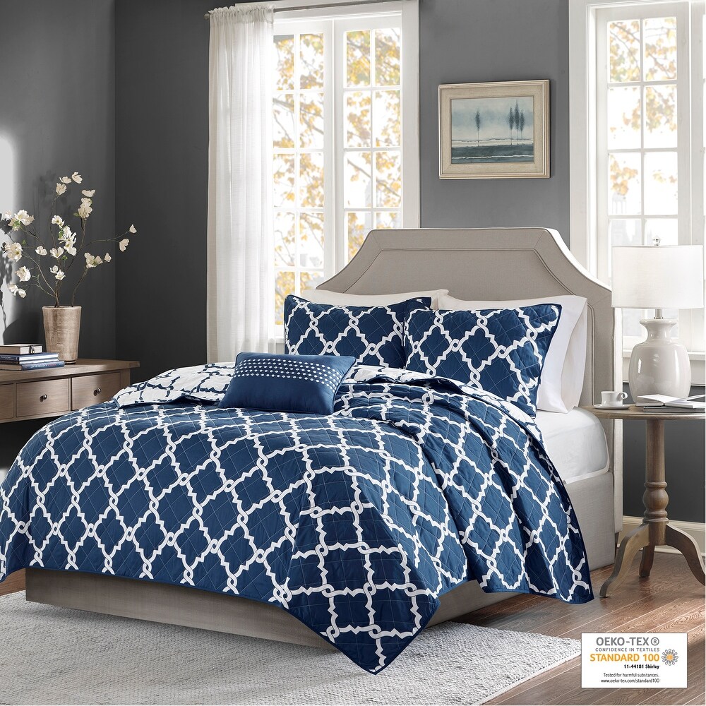 Madison Park Cole Navy 4 Piece Reversible Quilt Set with Throw Pillow