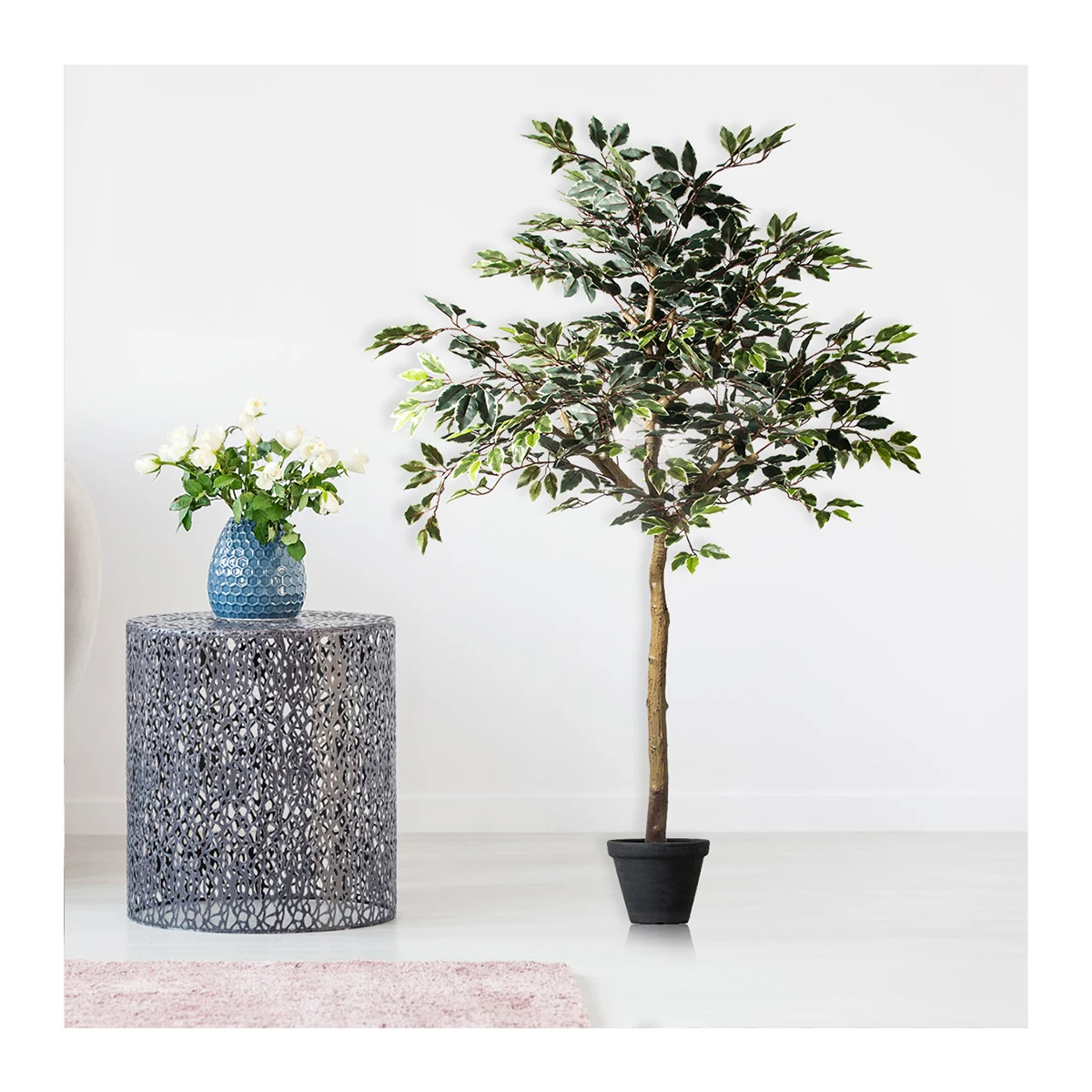 7843 Garden Supplies Faux Ficus Tree in Plastic Black Pot Indoor Artificial Tree Realistic Leaves and Trunk Plant Potted