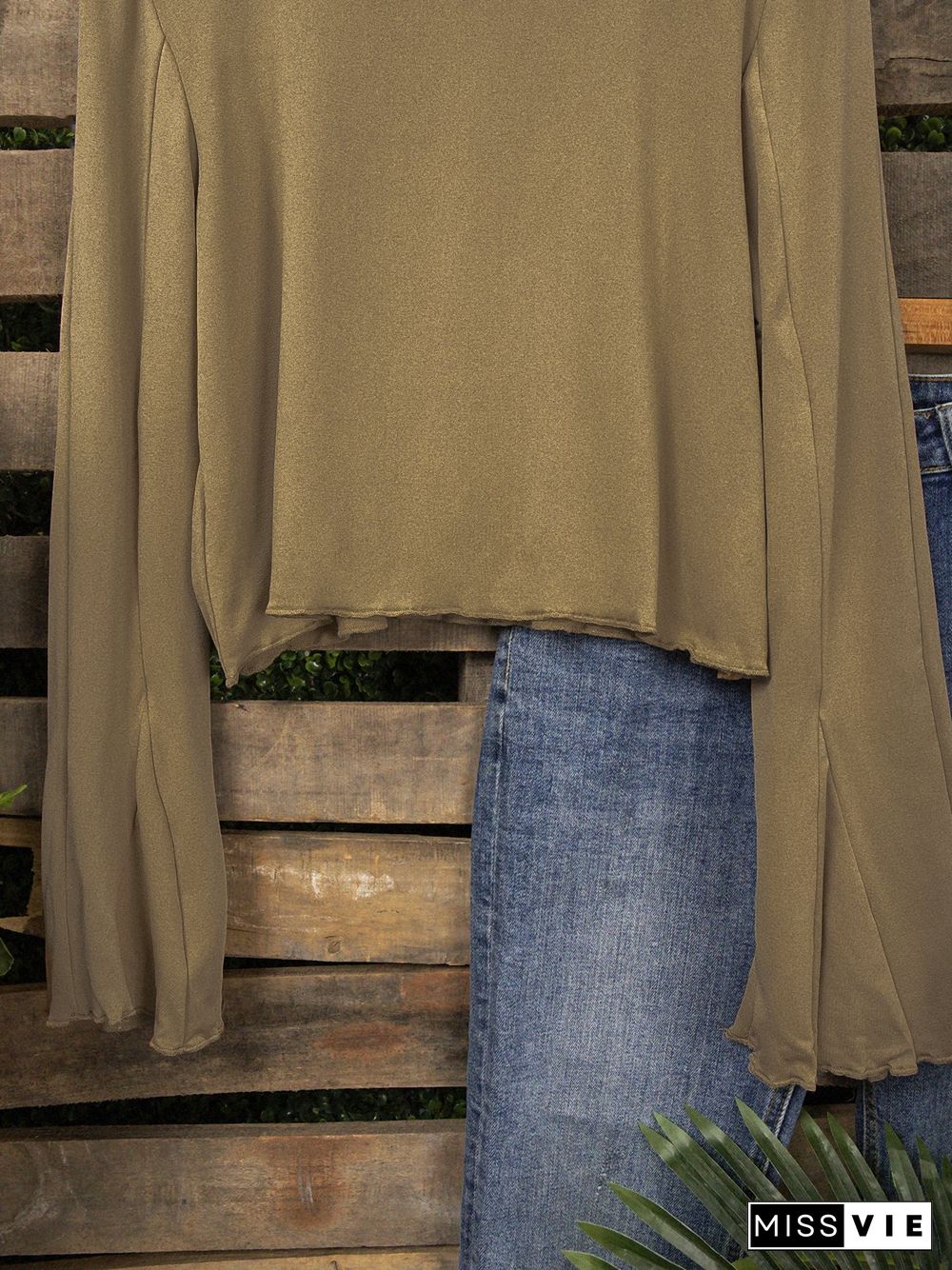 Vintage Plain Long Sleeve Frill Sleeve Plus Size Casual Tops