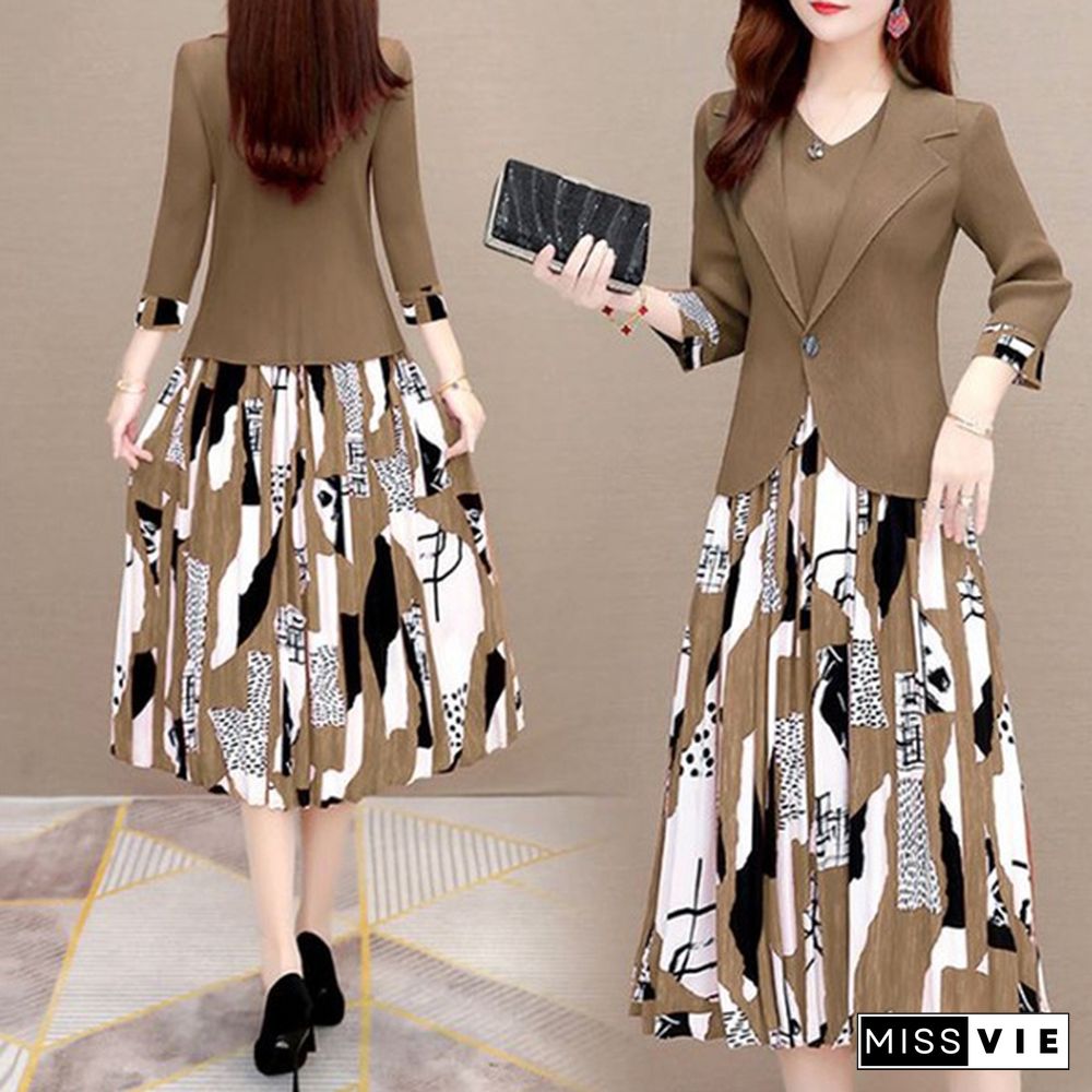 Office Lady Two Piece Sets Women Outfit Fashion 3/4 Sleeve Blazer And Sleeveless Spliced Print Pleated Dress Suits Spring Autumn