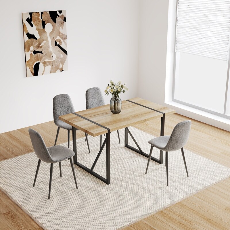 Mid Century Modern 5 Piece Dining Table Set Solid Wood Table with 4 Upholstered Chairs