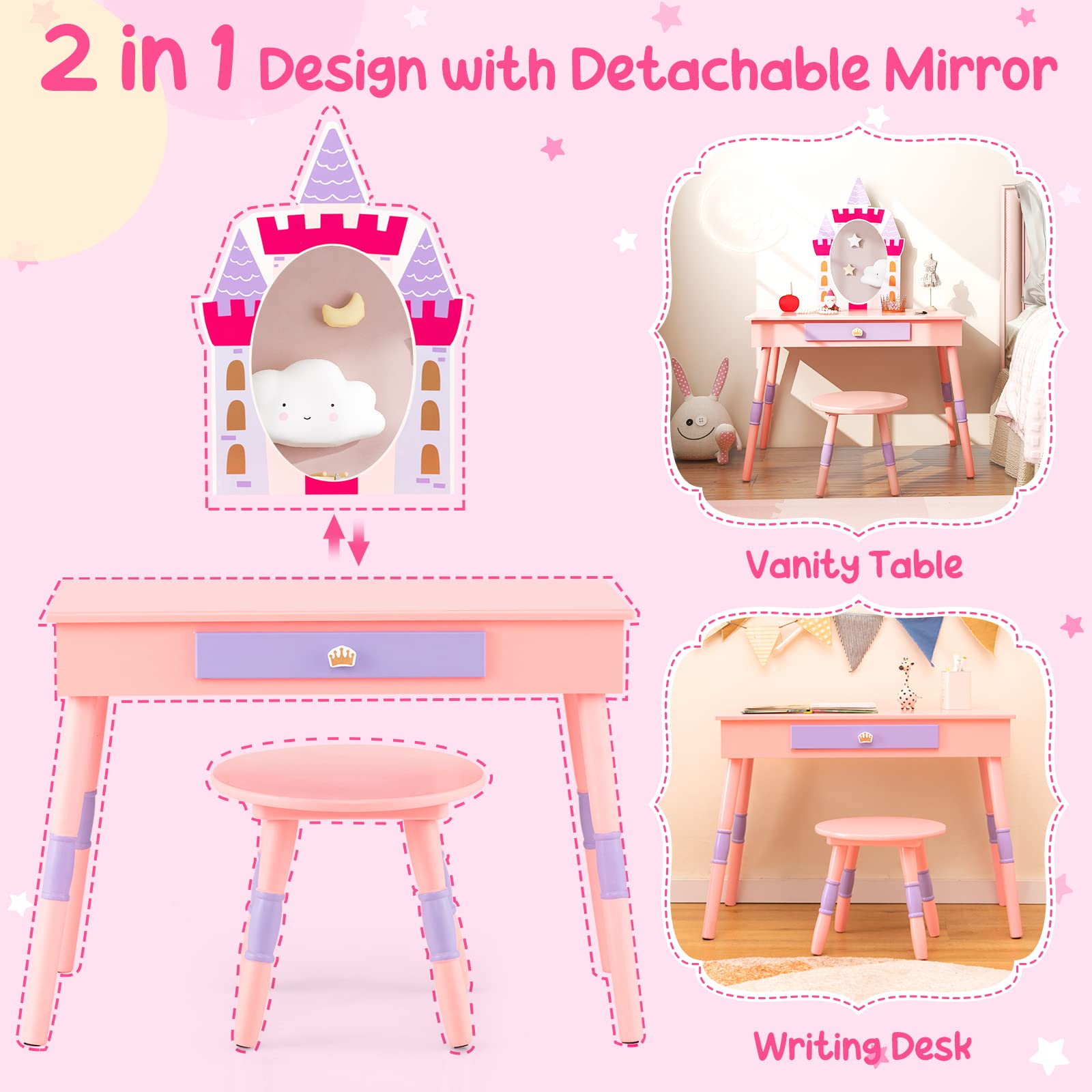 Costzon Kids Vanity Set, Girls Vanity Set with Mirror and Stool, Princess Makeup Dressing Table