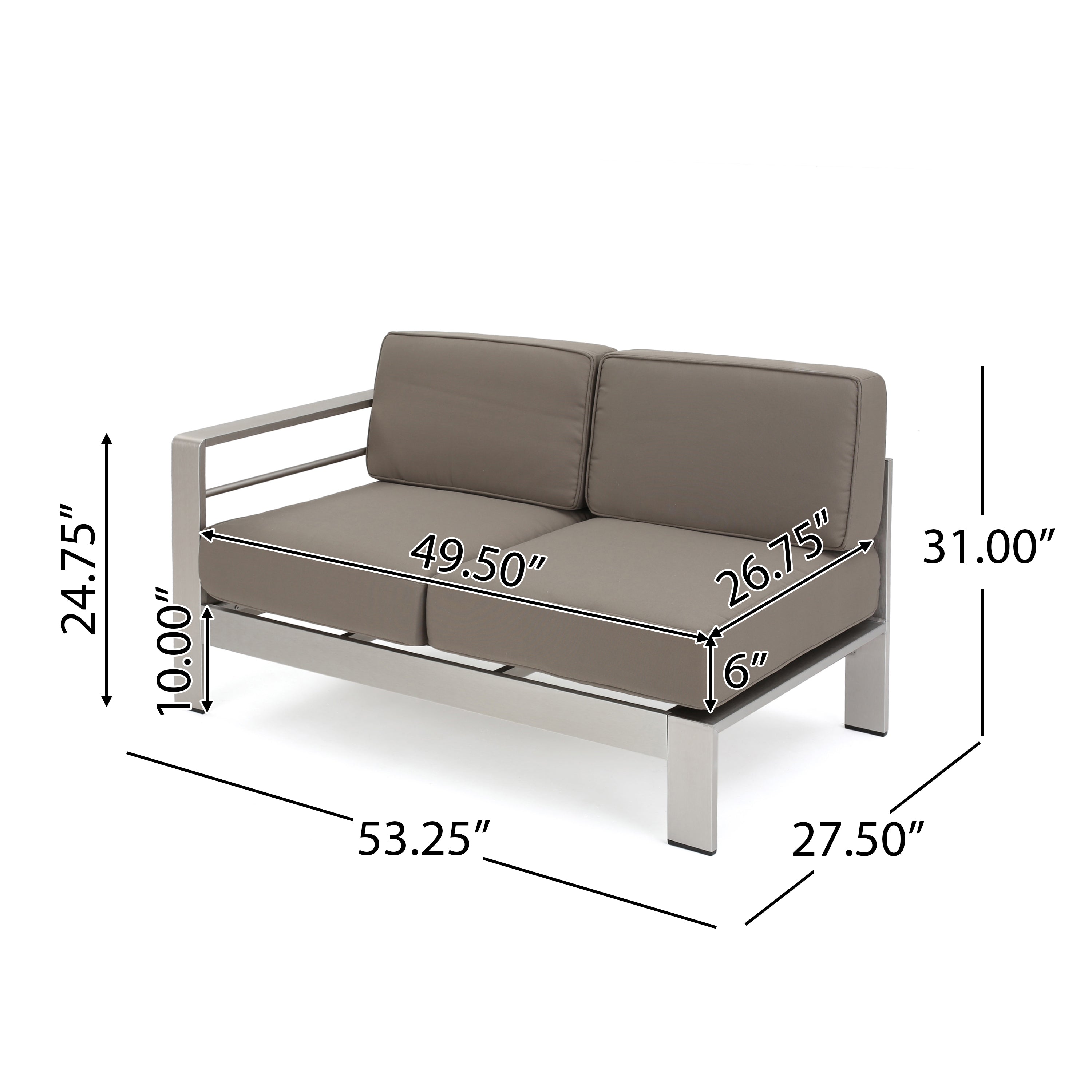 Emily Coral Outdoor 7-Seater Aluminum Sectional Sofa Set, Silver and Khaki