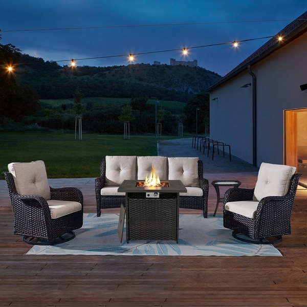 Outdoor Wicker 3Seat Sofa with Fire Pit Table Swivel Chiar Table