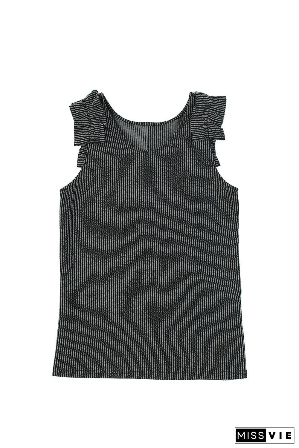 Gray Ruched Shoulders Ribbed Knit Tank Top