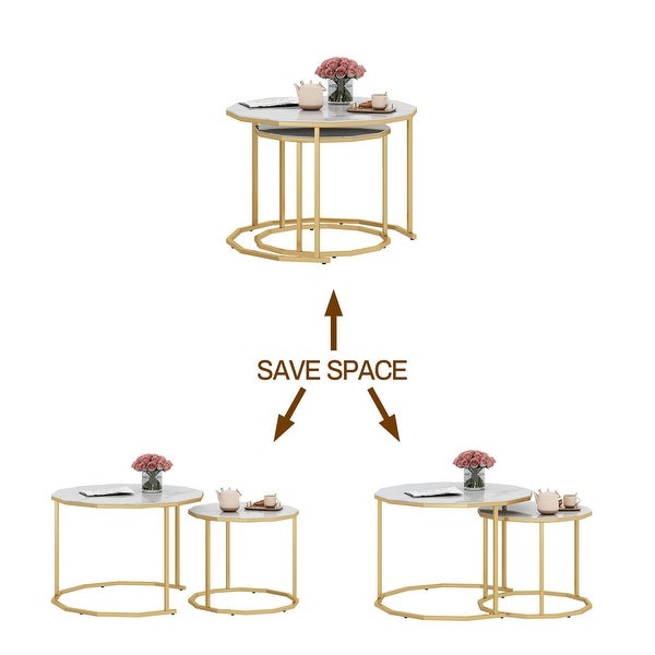 Nesting Coffee Table Modern Center Table Waterproof Side Table with White Artificial Marble Top End Table with Metal Frame