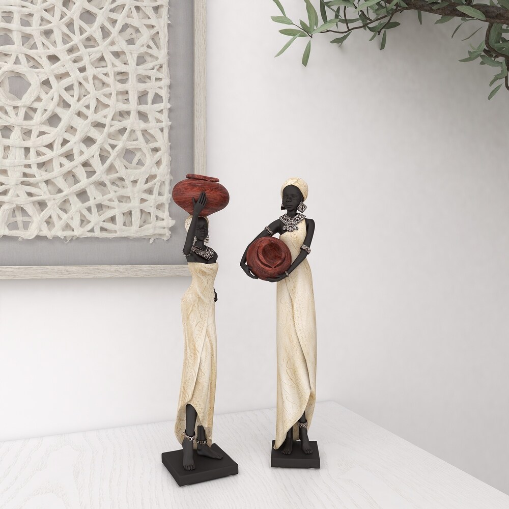 Cream Polystone Standing African Woman Sculpture with Red Water Pots and Black Base (Set of 2)   2 ASST 16\