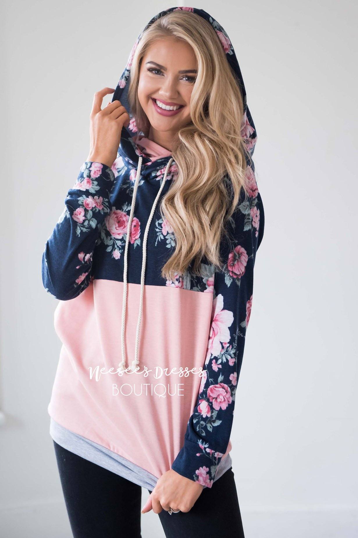 Navy Floral & Pink Colorblock Hoodie