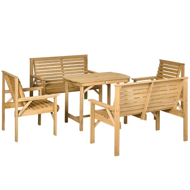 Outsunny 5 Piece Patio Furniture 6 Seat Outdoor Dining Set Natural Wood Dinner Table 2 Chairs Loveseats With Armrests amp Umbrella Hole Light Brown