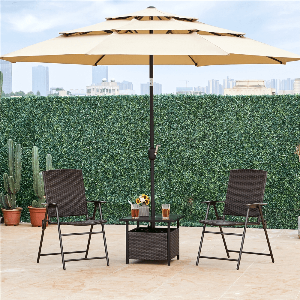 Easyfashion Outdoor Rattan Side Table with Umbrella Tube, Brown