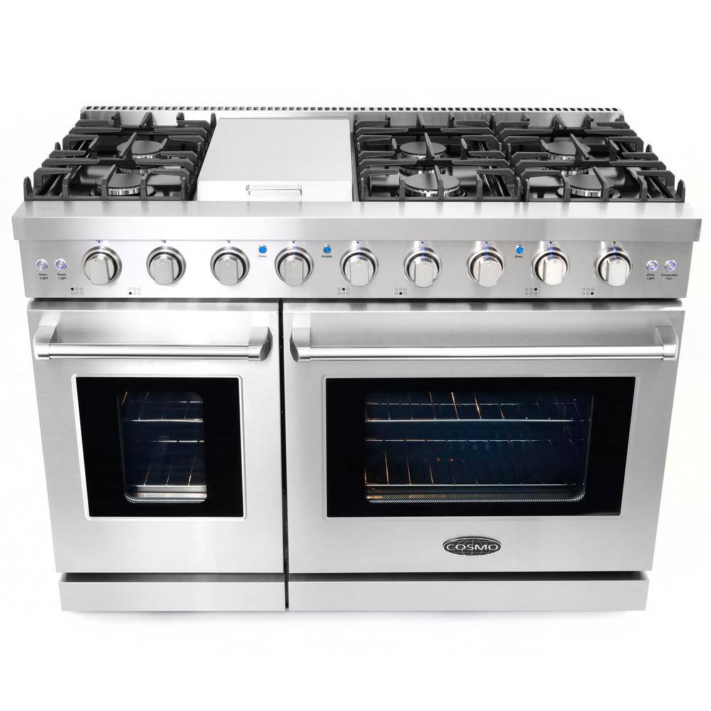 Cosmo 48 in. 6.8 cu. ft. Double Oven Commercial-Style Gas Range with Fan Assist Convection Oven in Stainless Steel COS-EPGR486G