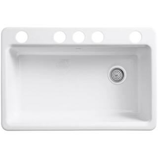 KOHLER Riverby Undermount Cast-Iron 33 in. 5-Hole Single Bowl Kitchen Sink Kit with Accessories in Biscuit K-5871-5UA3-96