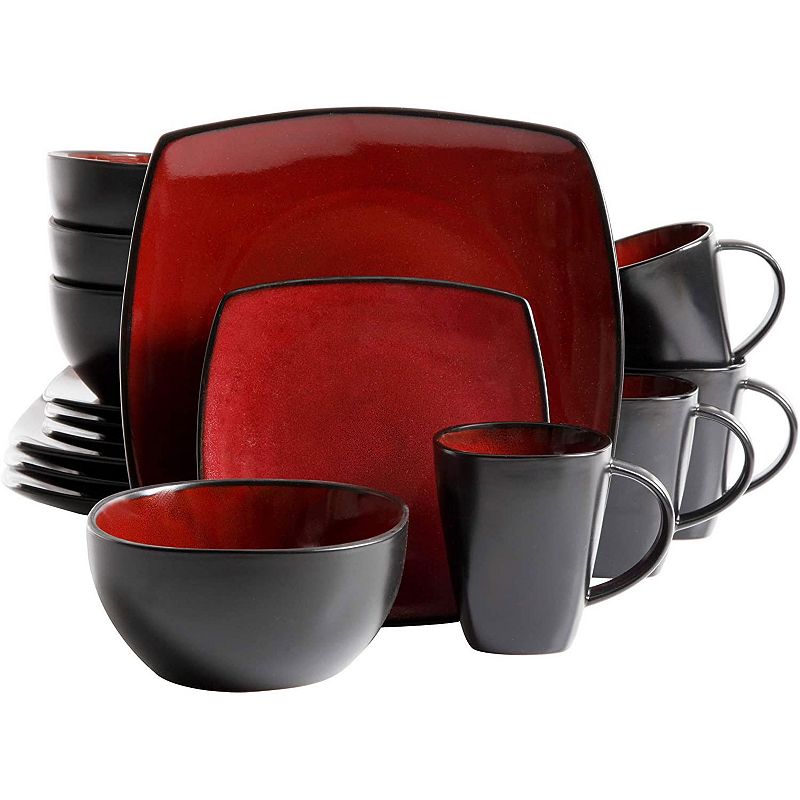 Gibson Soho Lounge 16 Piece Reactive Glaze Dinnerware Plates， Bowls， and Mugs， Red