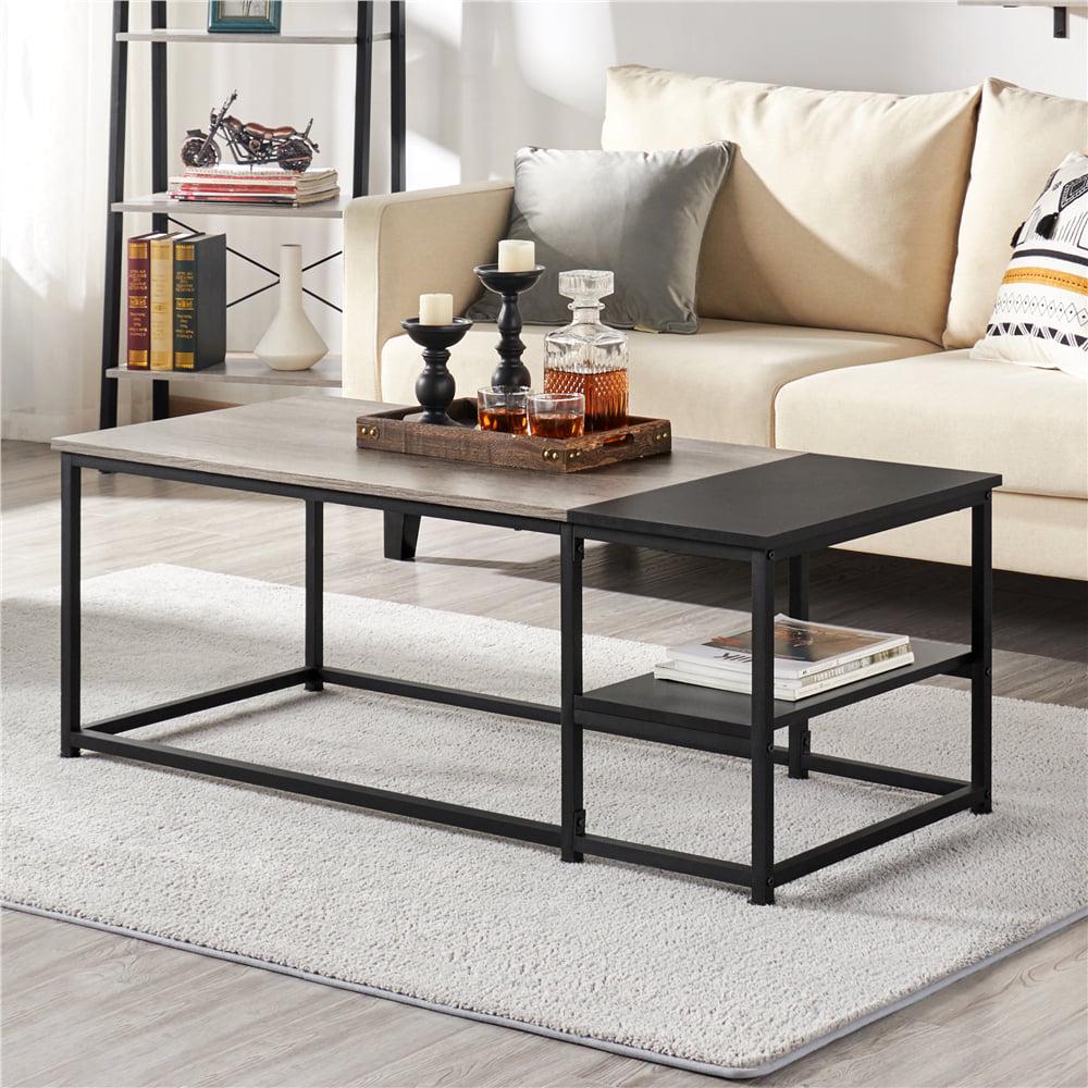 Alden Design Modern Coffee Table with Storage Shelf， Rustic Gray/Black