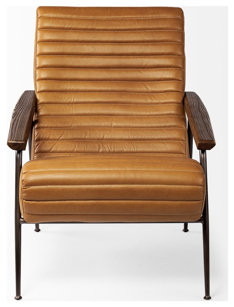 Grosjean Brown Genuine Leather w/ Dark Brown Frame  ampWooden Arms Accent Chair   Midcentury   Armchairs And Accent Chairs   by Mercana  Houzz