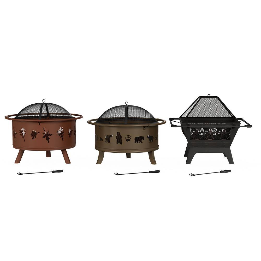 Pure Garden 32 in. W x 25 in. H Round Steel Wood Burning Outdoor Deep Fire Pit in Rugged Rust with Leaf Cutouts HW1500257