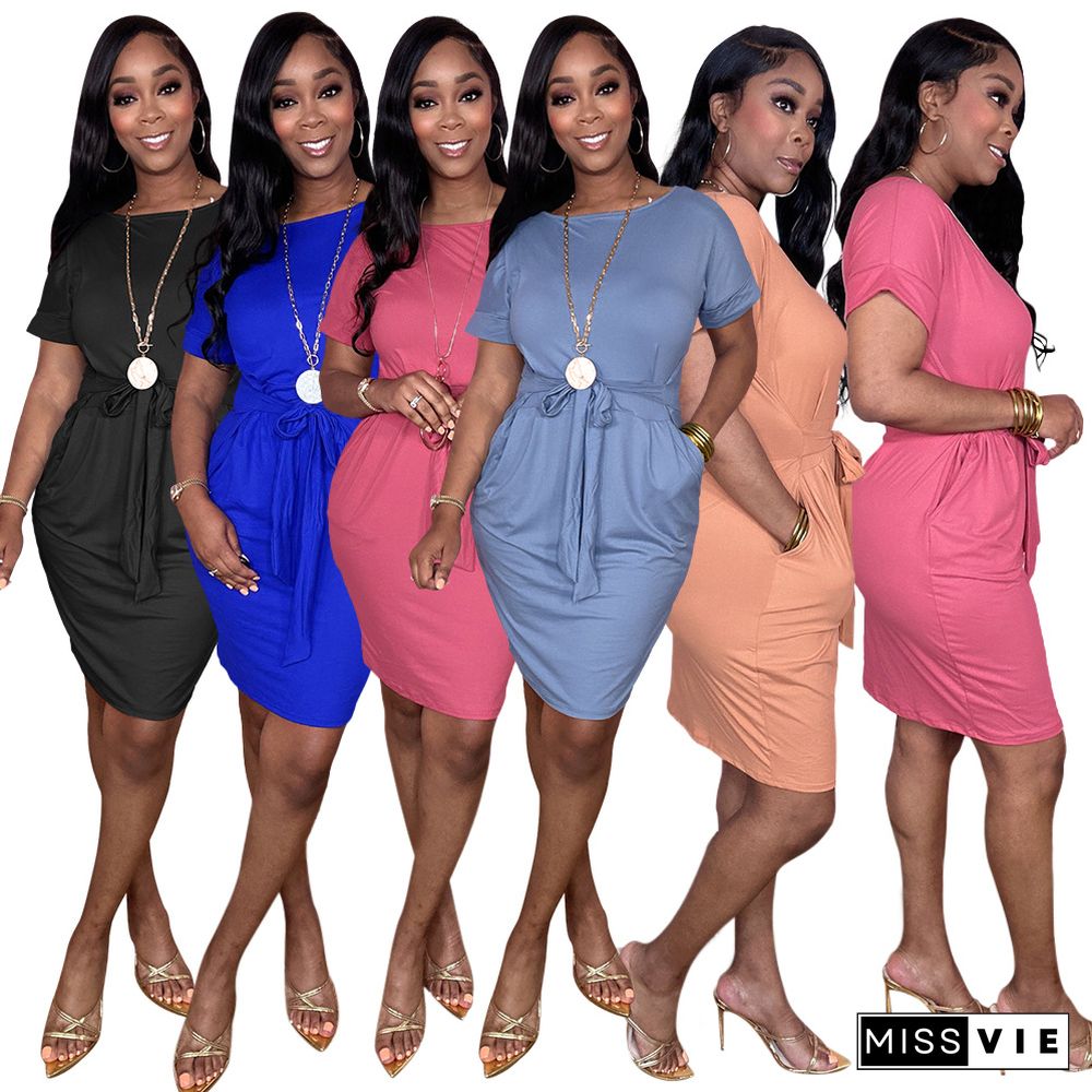 Slim Sexy Ladies Fashion Lace Up Solid Color Dress