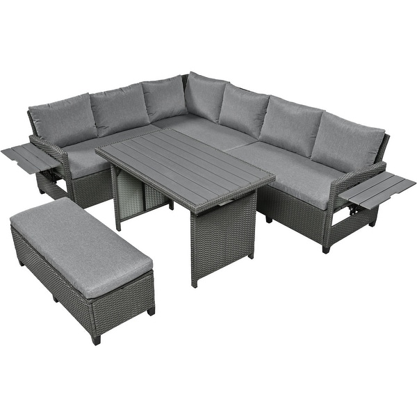 5piece Patio Rattan Sofa Furniture Set Garden Lshaped Wicker Couch Outdoor Conversation Set with 2 Extendable Side Tables