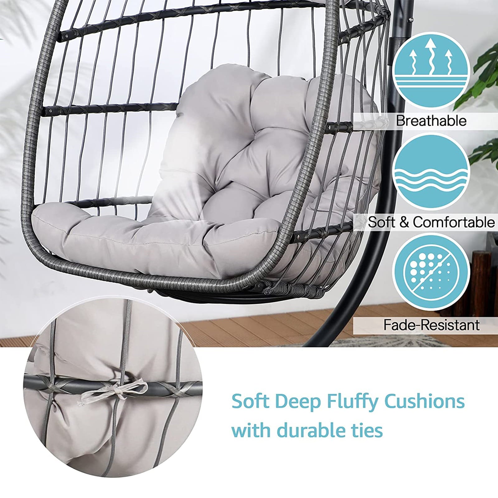 Indoor Outdoor Swing Egg Chair with Stand, Patio Foldable Grey Wicker Rattan Hanging Chair with Cushion, Light Gray