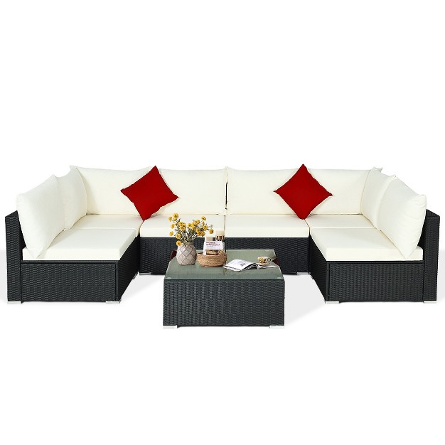 Tangkula 7 piece Patio Pe Rattan Sectional Sofa Furniture Set Wicker Sofa Conversation Set