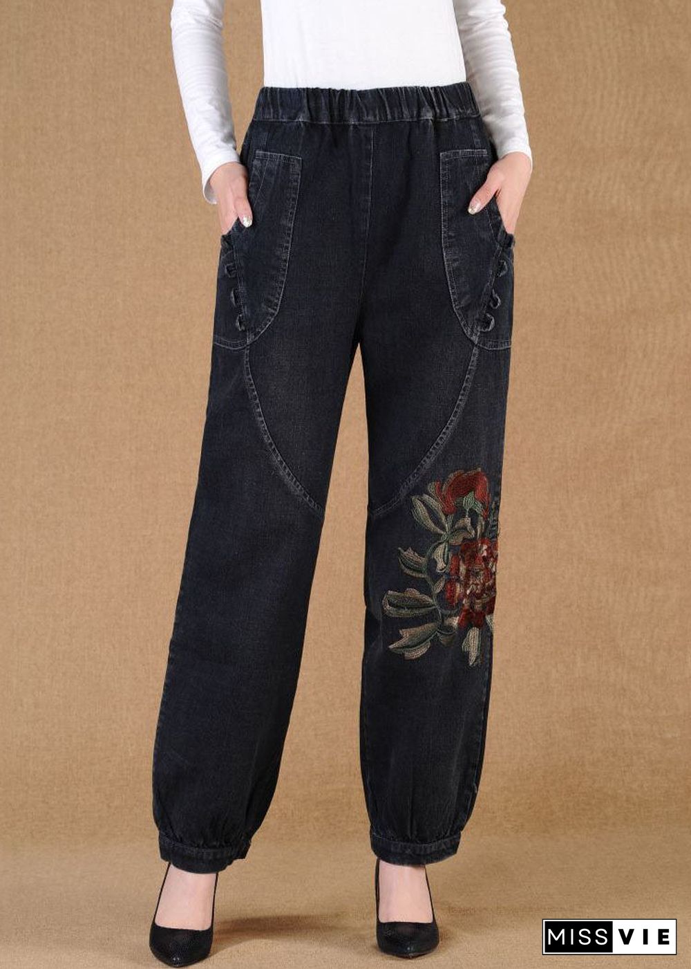 Elegant Black Grey Elastic Waist Embroideried Pockets Cotton Denim Lantern Pants Summer