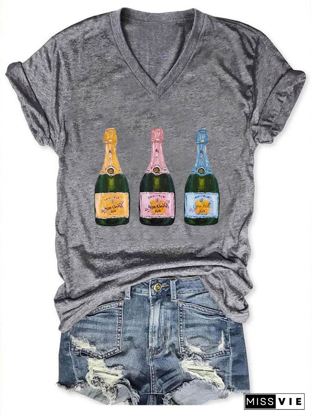 Women's Christmas Champagne Print V-Neck T-Shirt